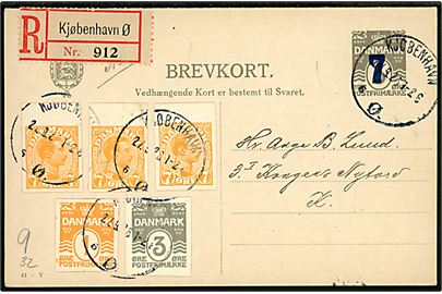 7/3 øre provisorisk dobbelt helsagsbrevkort (fabr. 41-V) opfrankeret med 1 øre, 3 øre og 7 øre (3) helsagsafklip sendt som anbefalet lokalt brevkort i Kjøbenhavn d. 27.9.1926. Vedhængende ubenyttet svardel.