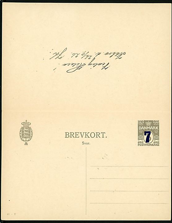 7/3 øre provisorisk dobbelt helsagsbrevkort (fabr. 41-V) opfrankeret med 1 øre, 3 øre og 7 øre (3) helsagsafklip sendt som anbefalet lokalt brevkort i Kjøbenhavn d. 27.9.1926. Vedhængende ubenyttet svardel.