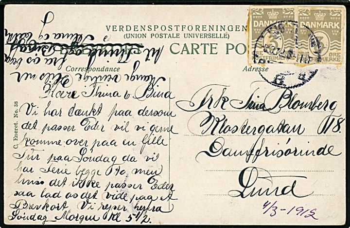 3 øre helsagsafklip (2) som frankering på brevkort fra Kjøbenhavn d. 3.1.1912 til Lund, Sverige. Overfrankeret med 1 øre.