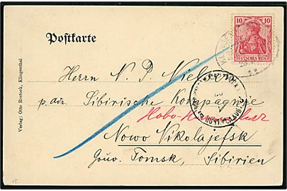 10 pfg. Germania på brevkort (Klingenthal  Markedsplads) annulleret med svagt bureaustempel Klingenthal - Zwota Bahnpost d. 23.5.1905 til dansk ved Sibirisk Kompagni i Novo Nikolajevsk, Gouv. Tomsk i Sibirien.
