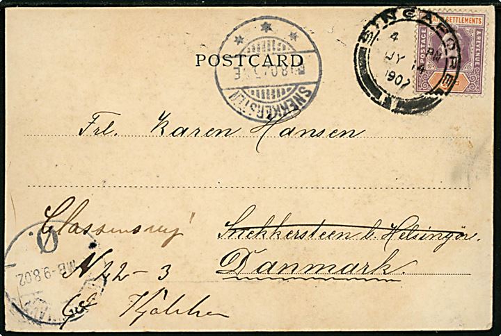 3 cents Edward VII på brevkort (South Bridge Road) fra Singapore d. 14.7.1902 til Snekkersten, Danmark - eftersendt til København.