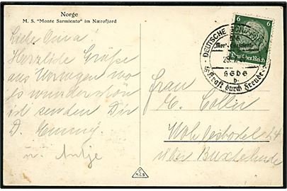 6 pfg. Hindenburg på brevkort (M/S Monte Sarmiento i Nærofjord) annulleret med skibsstempel Deutsche Schiffspost MS Monte Sarmiento HSDG Kraft durch Freude d. 29.7.1937 til Tyskland.