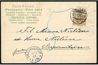 3 pfg. Germania på underfrankeret brevkort fra Woyens d. 31.12.1903 til Gravenstein. Ank.stemplet Gravenstein d. 31.12.1903 og udtakseret i 5 pfg. porto.