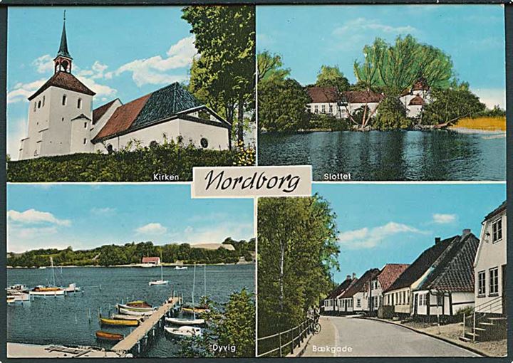 Partier fra Nordborg med Kirken, Slottet, Dyvig og Bækgade. Paulsen E.V. 369.