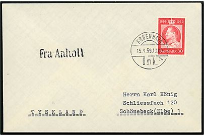 30 øre Fr. IX 60 år på brev annulleret København d. 15.4.1959 og sidestemplet Fra Anholt til Schönebeck, Tyskland.