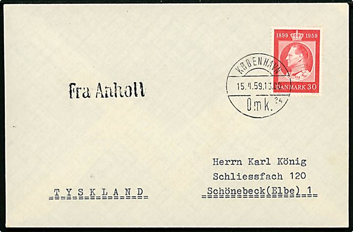 30 øre Fr. IX 60 år på brev annulleret København d. 15.4.1959 og sidestemplet Fra Anholt til Schönebeck, Tyskland.