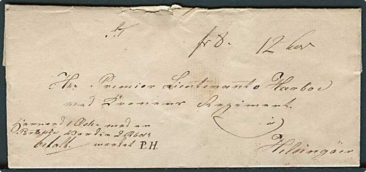1835. Pakkefølgebrev for æske med værdi 2 Rdl. fra Kjøbenhavn d. 27.10.1835 til Premier Lieutnant Harboe ved Kronens Regiment i Helsingør.
