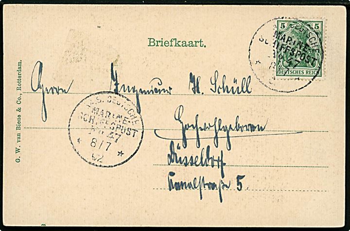 5 pfg. Germania på brevkort (Rotterdam) annulleret med skibsstempel Kais. Deutsche Marineschiffspost no. 47 (= SMS Panther) d. 8.7.1902 til Düsseldorf, Tyskland.