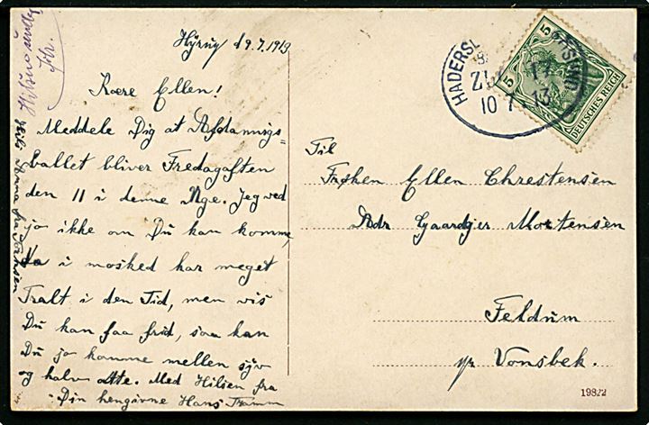 5 pfg. Germania på brevkort dateret Hÿrup og annulleret med bureaustempel Hadersleben - Aarösund Bahnpost Zug 17 d. 10.7.1913 til Vonsbek.