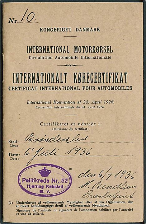 Internationalt Kørecertificat for køretøj Oldsmobile nr. P.552 dateret Brønderslev d. 6.7.1936.