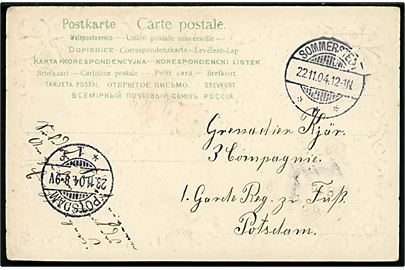 Ufrankeret brevkort mærket “Soldatenbrief – Eigene Angelegenheit des Empfängers” fra Sommerstedt d. 22.11.1904 til sønderjysk soldat, Grenadier Kjär, ved 3. Compagnie 1 garde Infanterie Regiment zu Fuss i Potsdam.