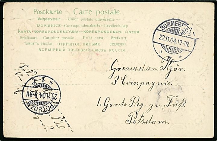 Ufrankeret brevkort mærket “Soldatenbrief – Eigene Angelegenheit des Empfängers” fra Sommerstedt d. 22.11.1904 til sønderjysk soldat, Grenadier Kjär, ved 3. Compagnie 1 garde Infanterie Regiment zu Fuss i Potsdam.