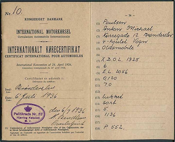 Internationalt Kørecertificat for køretøj Oldsmobile nr. P.552 dateret Brønderslev d. 6.7.1936.