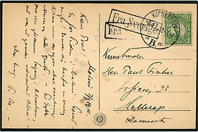5 öre Gustaf på brevkort fra Malmö annulleret med dansk stempel i Kjøbenhavn B. d. 8.9.1916 og sidestemplet Fra Sverige til kunstmaler Paul Fischer, Hellerup.