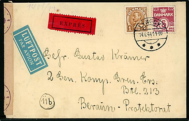 5 øre Bølgelinie og 1 kr. Chr. X på luftpost ekspresbrev fra Lyngby d. 14.6.1944 til soldat ved Grenadier-Ersatz-Bataillon 213 i Beraun, Protektorat Böhmen-Mähren. Åbnet af tysk censur i berlin.