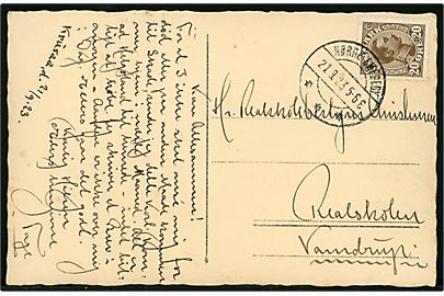 20 øre Chr. X på brevkort (Dansk Toldere?) dateret i Krusaa og annulleret med brotype IIb Nørre Smedeby d. 21.9.1923 til Vamdrup.