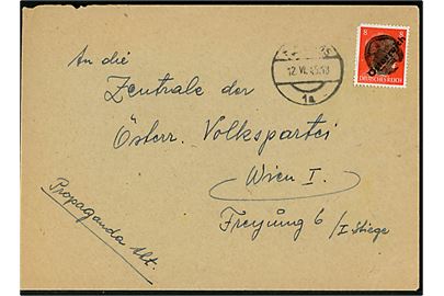8 pfg. Hitler Österreich provisorium på lokalbrev i Wien annulleret med stumt stempel og sidestemplet Wien d. 12.6.1945. Kort hj.tak.