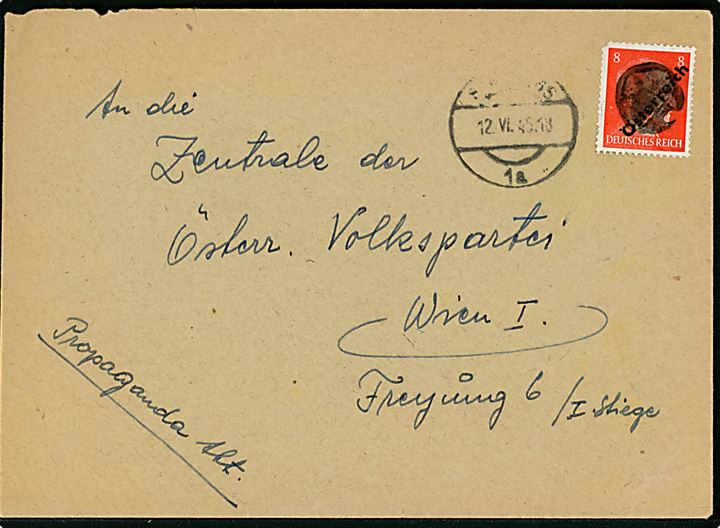 8 pfg. Hitler Österreich provisorium på lokalbrev i Wien annulleret med stumt stempel og sidestemplet Wien d. 12.6.1945. Kort hj.tak.