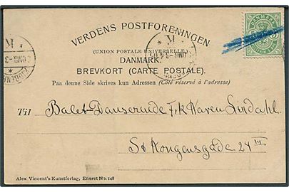 5 øre Våben på brevkort annulleret med blåkridt til Kjøbenhavn d. 3.4.1905.