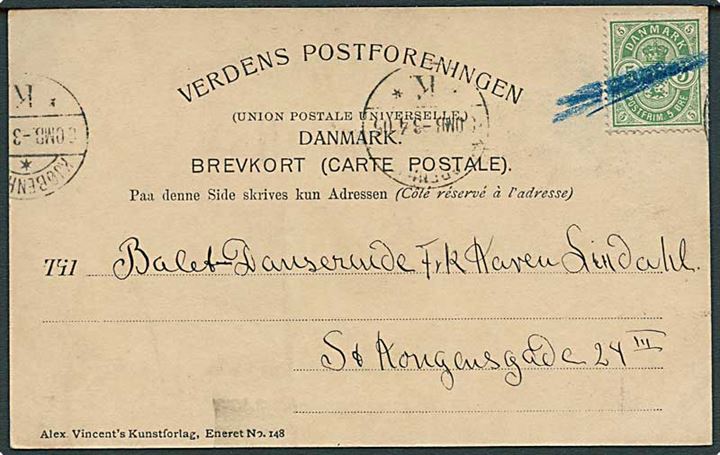 5 øre Våben på brevkort annulleret med blåkridt til Kjøbenhavn d. 3.4.1905.