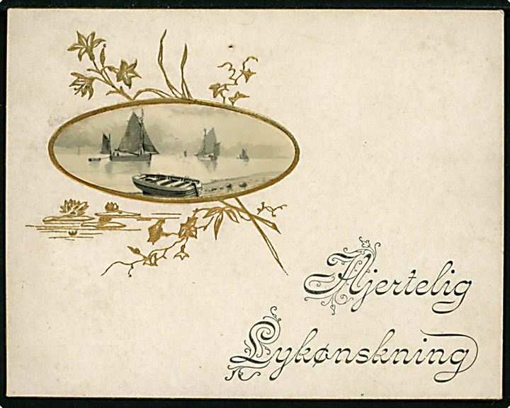 Karton lykønskningskort med lille motiv med skibe. Kort med guldkant. (10x12cm)