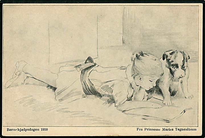 Børnehjælpsdagen 1910 i København. Pige og hund fra Prinsesse Maries tegnealbum. Cato u/no. 