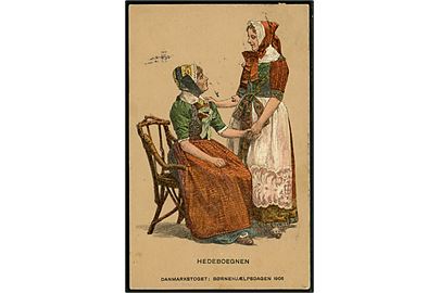 Tegnet kort med 2 damer i egnsdragt fra Hedeboegnen. Danmarkstoget: Børnehjælpsdagen 1906. u/no. 