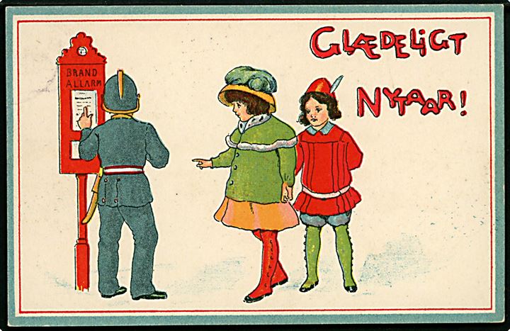 Nytårskort med 2 piger og brandmand. Ukendt tegner. A. Vincent serie no. 332/6.
