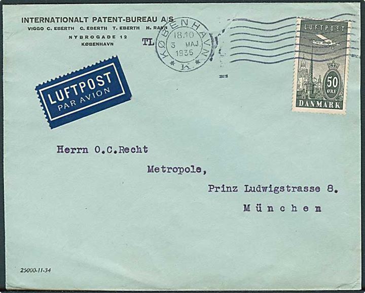 50 øre Luftpost single på luftpostbrev fra København d. 3.5.1935 til München, Tyskland.