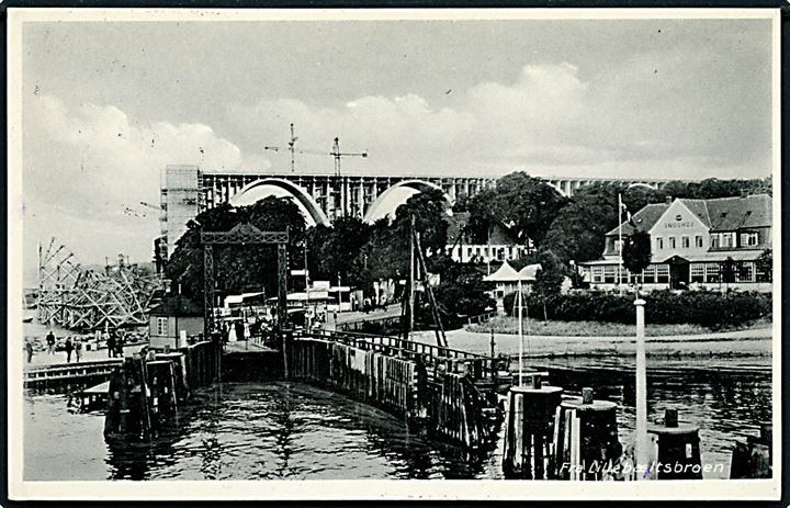 Snoghøj, Lillebæltsbroen under opførelse. O.P. Dateret d. 26.8.1932 med 10 øre Bølgelinie annulleret med udslebet stjernestempel SNOGHØJ til København.