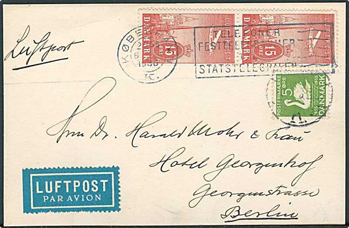 5 øre H.C.Andersen og 15 øre Luftpost i parstykke på luftpostbrevkort fra København d. 8.4.1936 til Berlin, Tyskland.