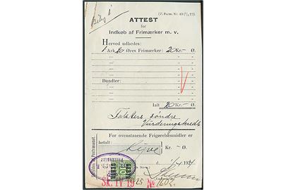 10 øre Gebyr provisorium annulleret med ovalt kontorstempel (krone)/Nykjøbing p.F./Postkontor på Attest for Indkøb af Frimærker F.Form. Nr. 43 (1/4 23) dateret d. 1.4.1924.
