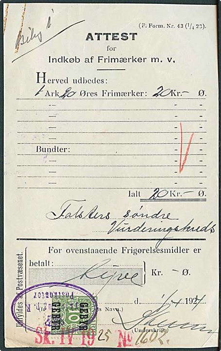 10 øre Gebyr provisorium annulleret med ovalt kontorstempel (krone)/Nykjøbing p.F./Postkontor på Attest for Indkøb af Frimærker F.Form. Nr. 43 (1/4 23) dateret d. 1.4.1924.