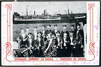 Skibskapel Hammonia fra Hamburg og dampskib. Anvendt i Kjøbenhavn 1908.