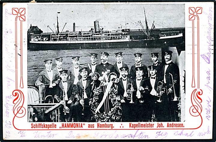 Skibskapel Hammonia fra Hamburg og dampskib. Anvendt i Kjøbenhavn 1908.