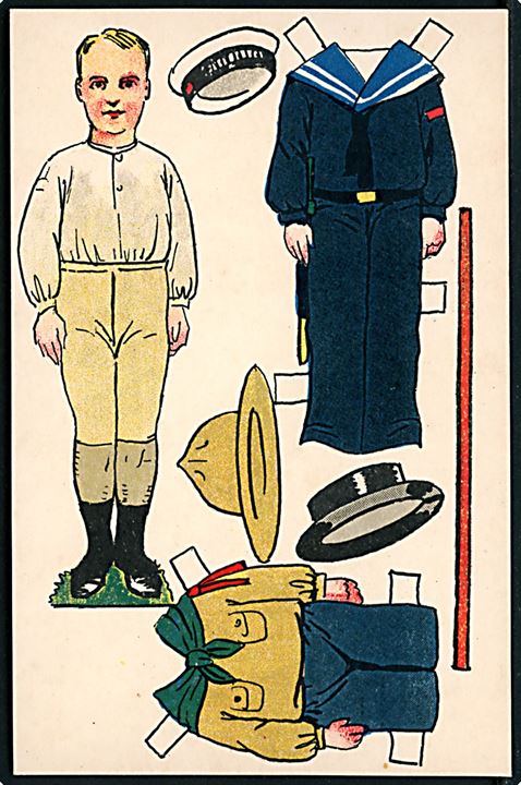 Osvald Jensen: Påklædnings-dreng med matrosdragt og spejder uniform. A. Vincent serie 396/5