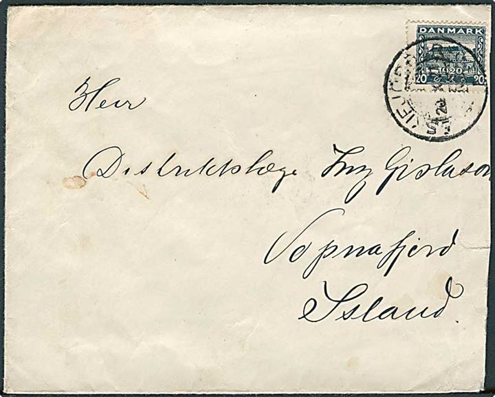 20 øre Genforening single på brev fra Kjøbenhavn annulleret med islandsk stempel i Eskifjördur d. 20.10.1921 til Vopnafjord.