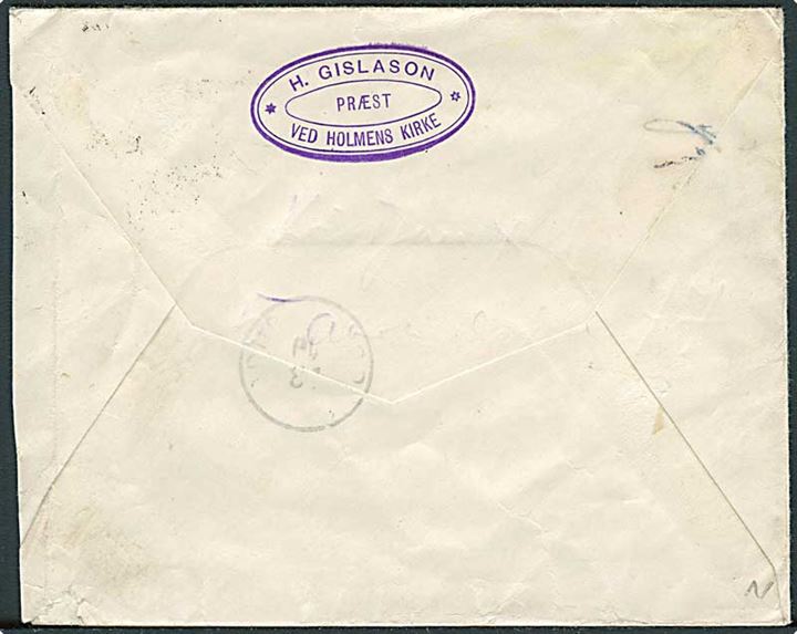 20 øre Genforening single på brev fra Kjøbenhavn annulleret med islandsk stempel i Eskifjördur d. 20.10.1921 til Vopnafjord.