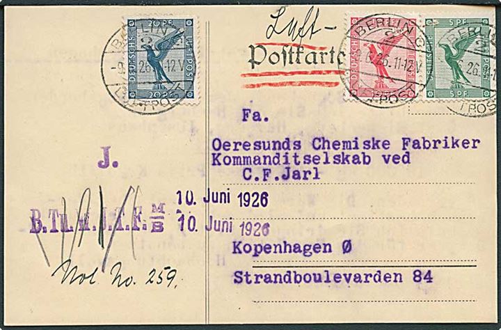 5 pfg., 10 pfg. og 20 pfg. Luftpost på luftpost brevkort stemplet Berlin Luftpost d. 9.6.1926 til København, Danmark. 1 mærke med nålehul.