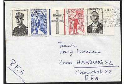 4 x 0,50 francs på brev fra St. Maximete d. 14.3.1972 til Hamburg.