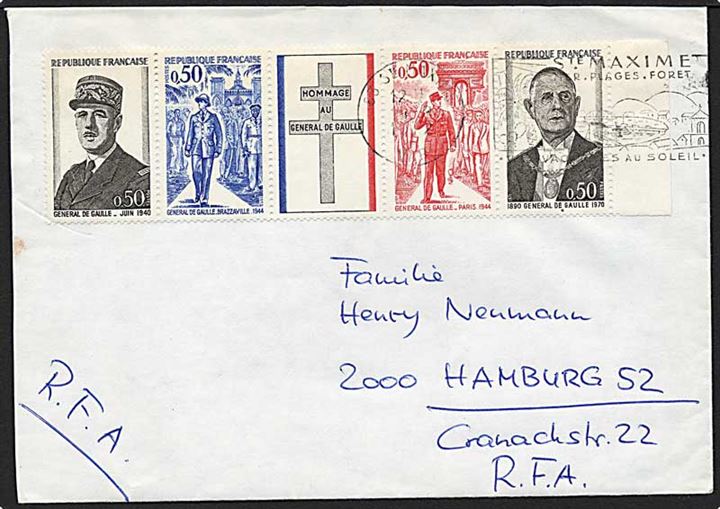 4 x 0,50 francs på brev fra St. Maximete d. 14.3.1972 til Hamburg.