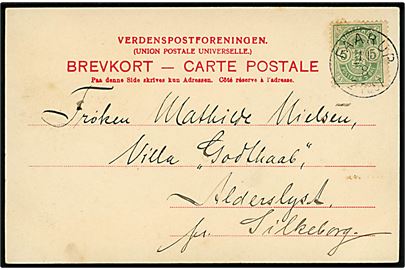 5 øre Våben på brevkort (Silkeborg sø) annulleret med lapidar VIIb Faarup d. 11.8.190x til Alderslyst pr. Silkeborg. Bendix: 600,-