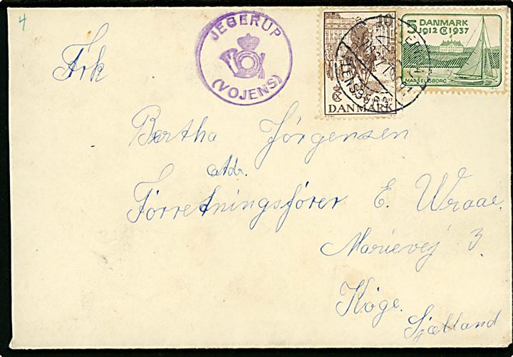5 øre og 10 øre Regentjubilæum på brev annulleret med bureaustempel Fredericia - Flensborg T.991 d. 7.10.1937 og sidestemplet med posthornstempel JEGSTRUP (VOJENS) til Køge.