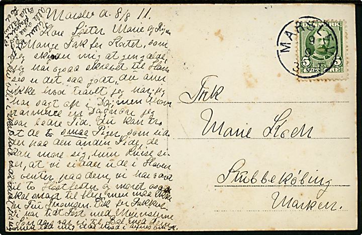 5 øre Fr. VIII på brevkort dateret d. 8.8.1911 annulleret med lapidar Marslev d. 9.9.1911 til Stubbekøbing. 