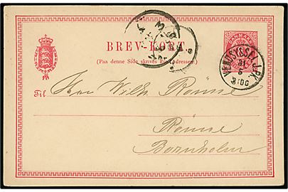 8 øre helsagsbrevkort annulleret med lapidar bureaustempel Vendsyssel JBK. d. 31.5.1886 via København til Rønne.