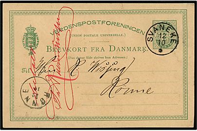 5 øre Våben helsagsbrevkort annulleret med lapidar Svaneke d. 12.10.1888 til Rønne. 