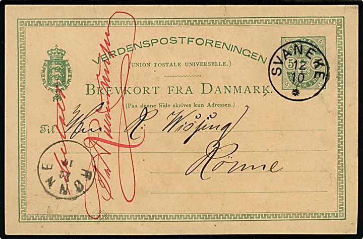 5 øre Våben helsagsbrevkort annulleret med lapidar Svaneke d. 12.10.1888 til Rønne. 
