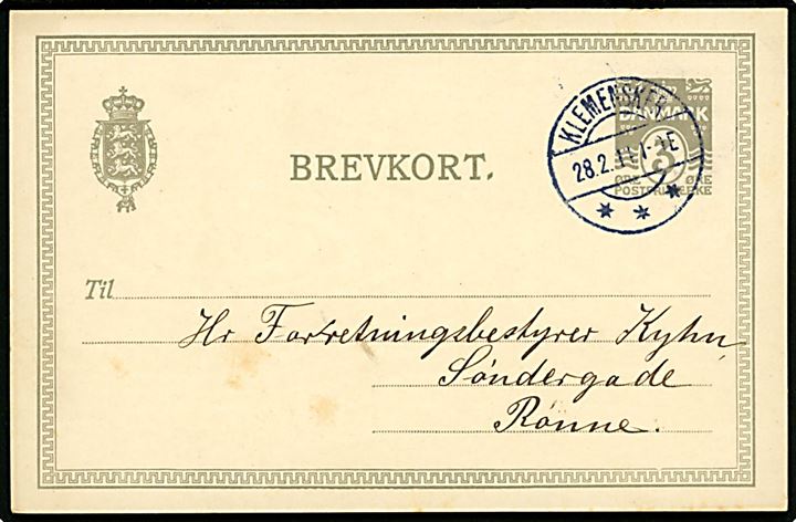 3 øre helsagsbrevkort annulleret med brotype IIa Klemensker d. 28.2.1914 til Rønne.