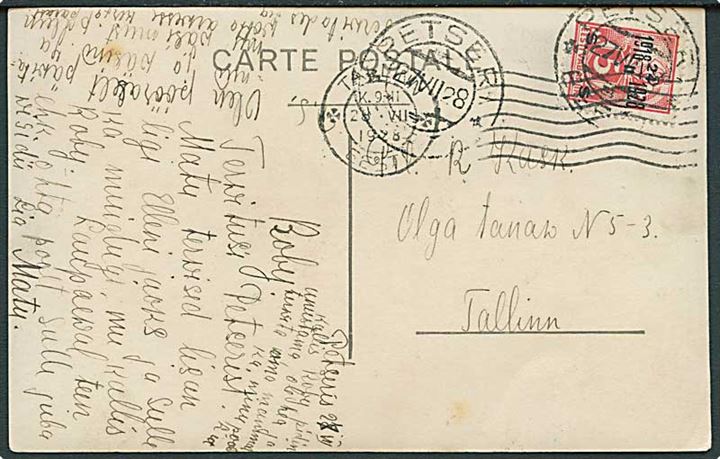 5 mk. 10 års Uafhængighed single på brevkort fra Petseri d. 27.7.1928 til Tallinn.