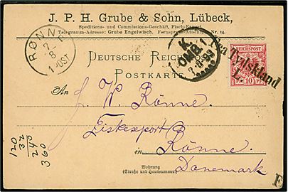 10 pfg. Adler på brevkort fra Lübeck annulleret med skibsstempel Fra Tydskland L. og sidestemplet i København d. 7.8.1893 til Rønne på Bornholm.